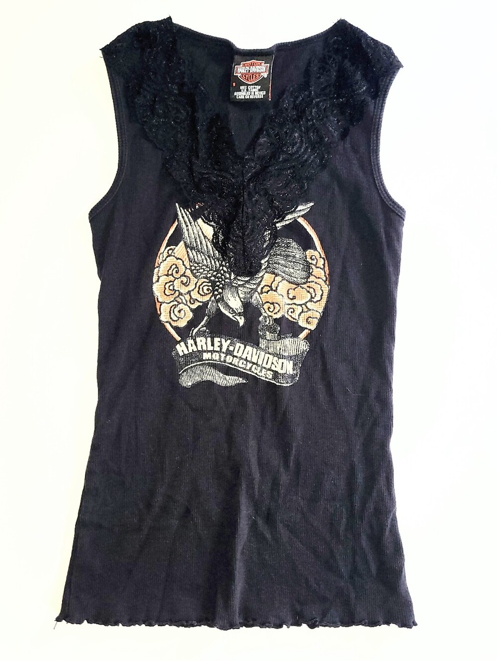 NWOT Harley‑Davidson Black Lace V‑Neck Tank with Eagle Graphic Womens Moto Biker